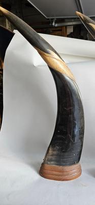 Pair of Vintage Asian Water Buffalo Horns, Embossed Dragons and Tigers
