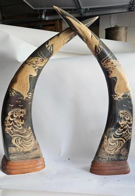 Pair of Vintage Asian Water Buffalo Horns, Embossed Dragons and Tigers