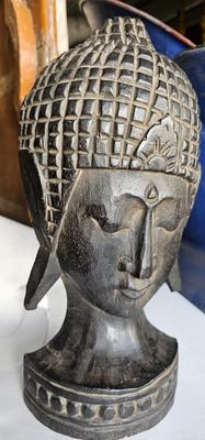 Serenity in Wood: Carved Buddha Head, hangs flat on wall