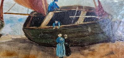 Signed Antique Oil Painting Seascape Boats Harvest
