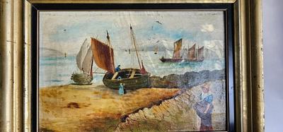 Signed Antique Oil Painting Seascape Boats Harvest