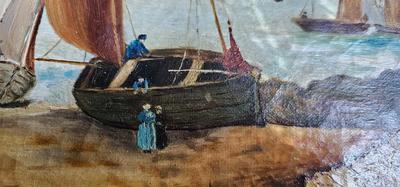 Signed Antique Oil Painting Seascape Boats Harvest