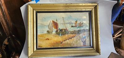 Signed Antique Oil Painting Seascape Boats Harvest
