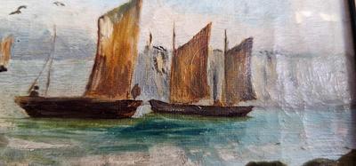 Signed Antique Oil Painting Seascape Boats Harvest