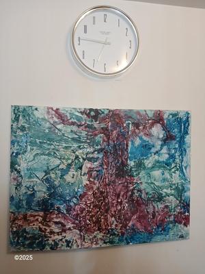 Large abstract textured oil painting on canvas with wood frame comes with a large clock