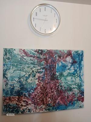 Large abstract textured oil painting on canvas with wood frame comes with a large clock