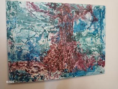 Large abstract textured oil painting on canvas with wood frame comes with a large clock