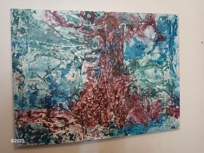 Large abstract textured oil painting on canvas with wood frame comes with a large clock