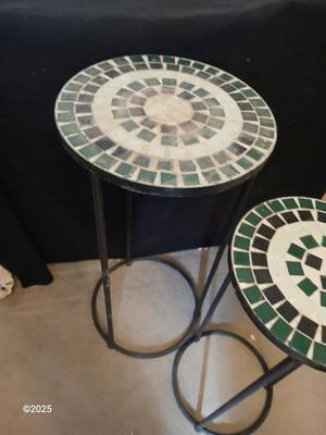 Two matching mosaic tile topped plant stands