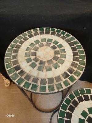 Two matching mosaic tile topped plant stands
