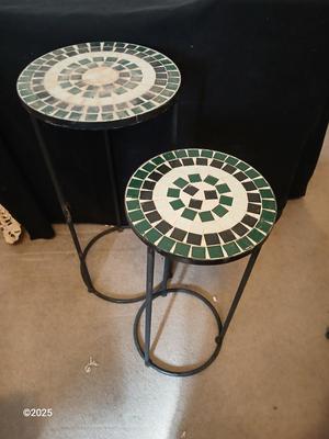 Two matching mosaic tile topped plant stands