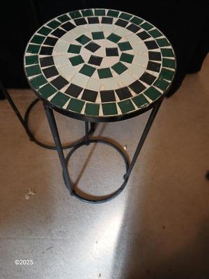 Two matching mosaic tile topped plant stands