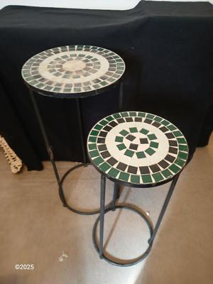 Two matching mosaic tile topped plant stands