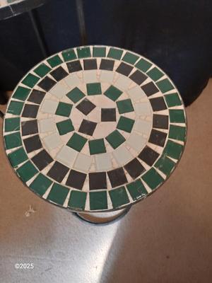 Two matching mosaic tile topped plant stands