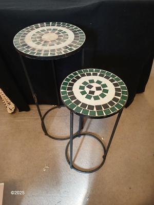 Two matching mosaic tile topped plant stands