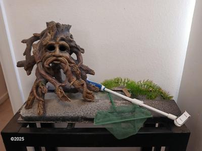 Ten gallon fish tank stand, led lit hood, and aquarium decorations, chemicals, and other fish items