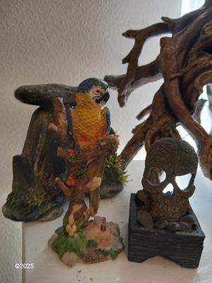 Ten gallon fish tank stand, led lit hood, and aquarium decorations, chemicals, and other fish items