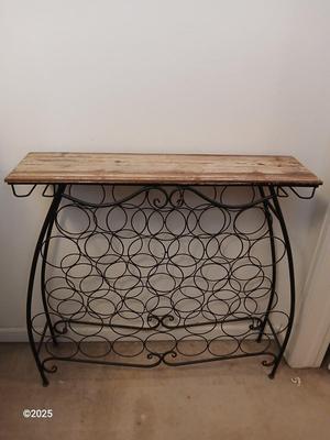 Wrought iron Wine rack with rustic wooden top shelf
