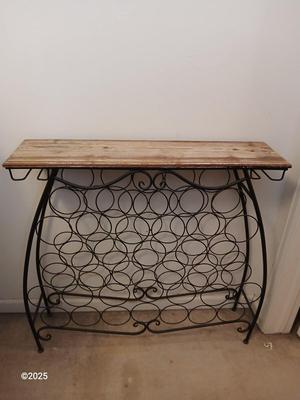 Wrought iron Wine rack with rustic wooden top shelf