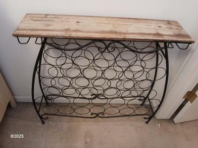 Wrought iron Wine rack with rustic wooden top shelf
