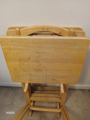 Four wooden T.V. Trays with storage rack