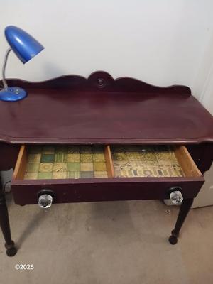 Tall Vintage stencil vanity / desk with desk lamp - two drawers