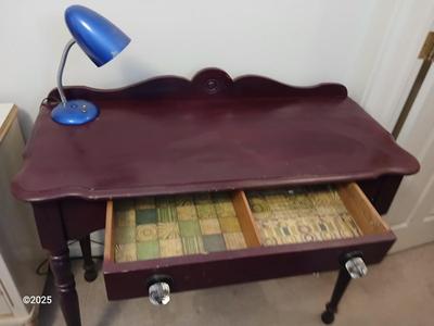 Tall Vintage stencil vanity / desk with desk lamp - two drawers