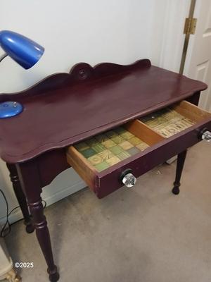 Tall Vintage stencil vanity / desk with desk lamp - two drawers