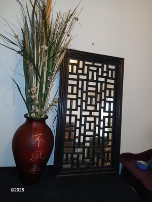 Red frosted glass vase with Japanese writing - dried floral arrangement and a Hand crafted wood wall panel mirror