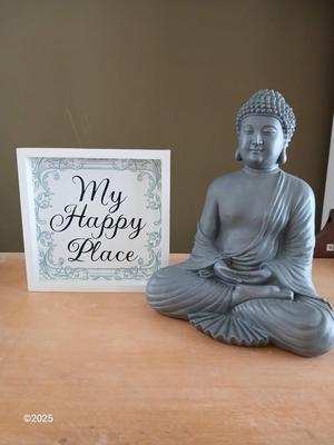 Buddha figure / incense with My Happy Place wood framed canvas wall art