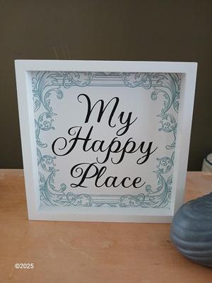 Buddha figure / incense with My Happy Place wood framed canvas wall art