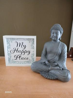 Buddha figure / incense with My Happy Place wood framed canvas wall art