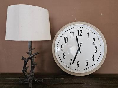 Faux branch lamp with shade and a nice large tin wall clock