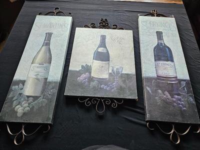 Three-piece wine wall art with decorative metal decor