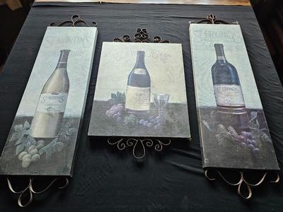 Three-piece wine wall art with decorative metal decor