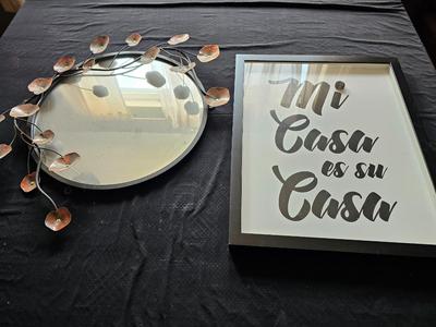 Metal art deco mirror and Mi Casa es su Casa wall art