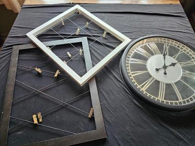 Wall clock with two metal frame picture hanging displays / wall art
