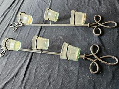 Framed mirror with two matching metal candle sconces / glass cups