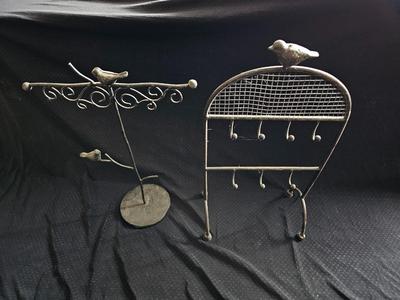 Two metal Jewelry stands with bird accentted decor