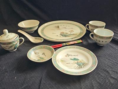 Rare Vintage Chinese Jingdezhen Hand painted Dishes Mountain by Water with chop sticks - 8 piece set