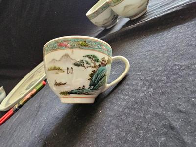Rare Vintage Chinese Jingdezhen Hand painted Dishes Mountain by Water with chop sticks - 8 piece set