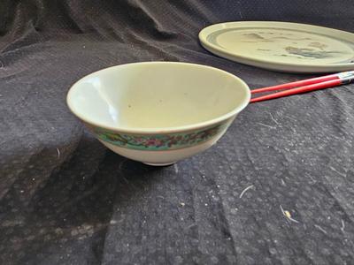 Rare Vintage Chinese Jingdezhen Hand painted Dishes Mountain by Water with chop sticks - 8 piece set