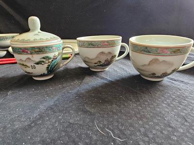Rare Vintage Chinese Jingdezhen Hand painted Dishes Mountain by Water with chop sticks - 8 piece set