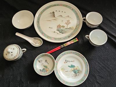 Rare Vintage Chinese Jingdezhen Hand painted Dishes Mountain by Water with chop sticks - 8 piece set
