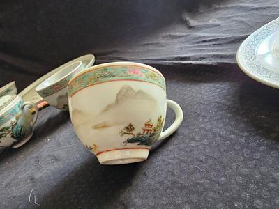 Rare Vintage Chinese Jingdezhen Hand painted Dishes Mountain by Water with chop sticks - 8 piece set