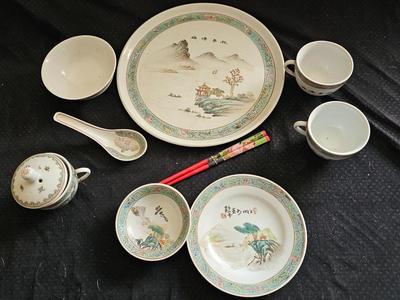 Rare Vintage Chinese Jingdezhen Hand painted Dishes Mountain by Water with chop sticks - 8 piece set