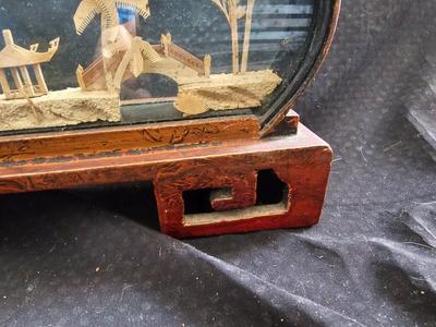Oval Chinese Cork Art Hand Carved Diorama - Pagodas, Cranes, Trees hand carved
