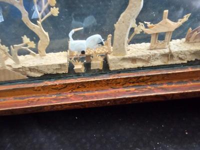 Oval Chinese Cork Art Hand Carved Diorama - Pagodas, Cranes, Trees hand carved