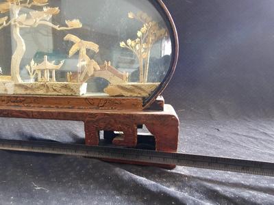 Oval Chinese Cork Art Hand Carved Diorama - Pagodas, Cranes, Trees hand carved