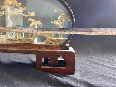 Oval Chinese Cork Art Hand Carved Diorama - Pagodas, Cranes, Trees hand carved